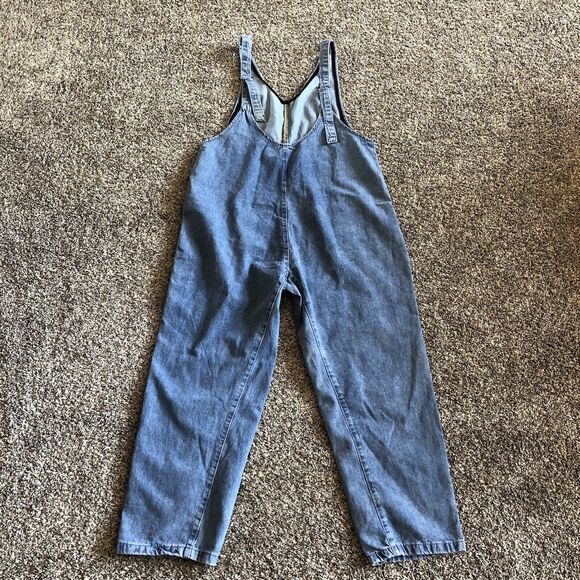 Womens Denim Bib Overalls Size Med Pockets Med Wash Wide Leg - Picture 1 of 5